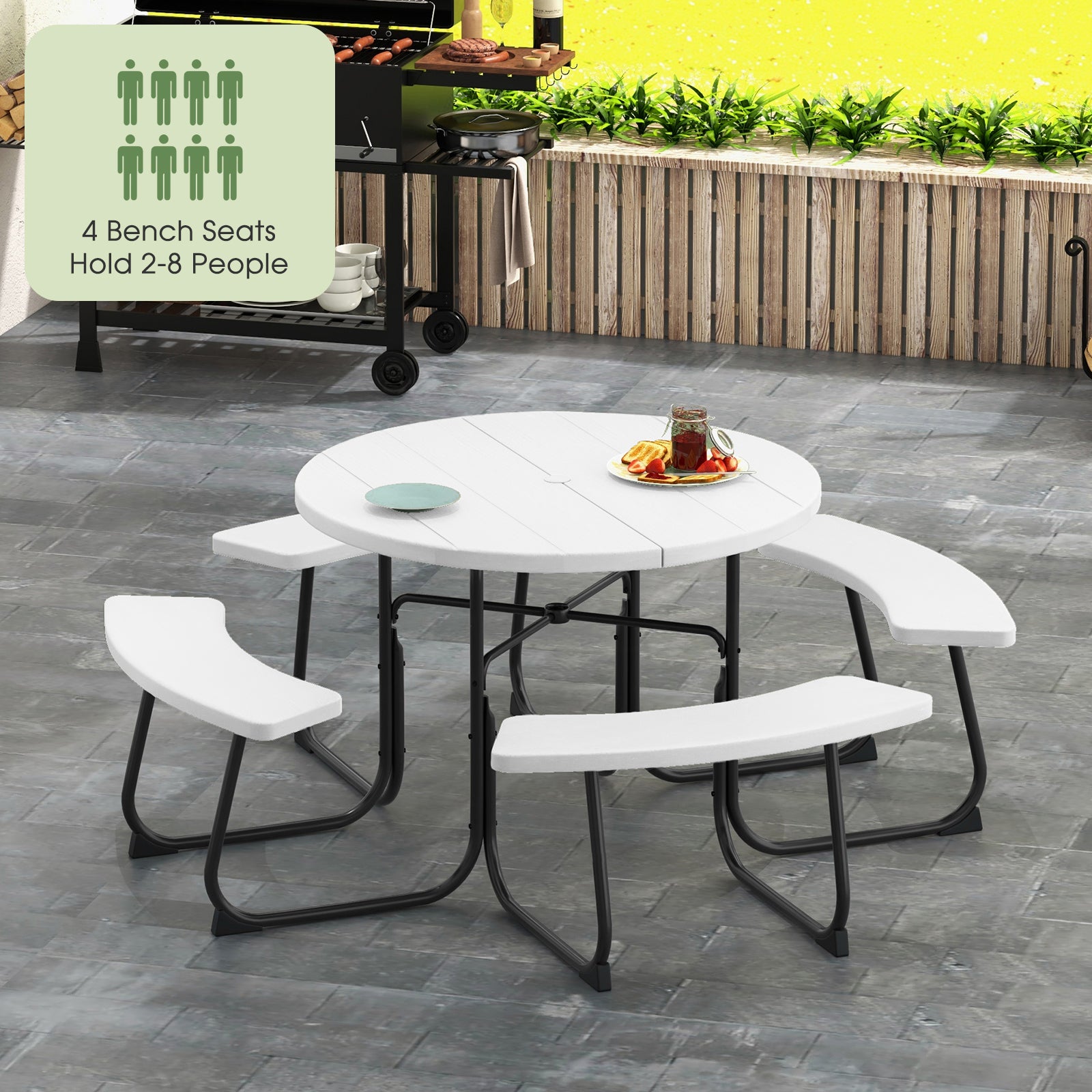 Outdoor 8-person Round Picnic Table Bench Set w/ 4 Benches & Umbrella Hole